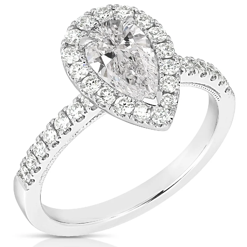 Exclusive Jewelry Markdowns – Limited-Time Offer 1 1/2 Ct Total Weight Pear Shape Lab Grown Halo Engagement Ring