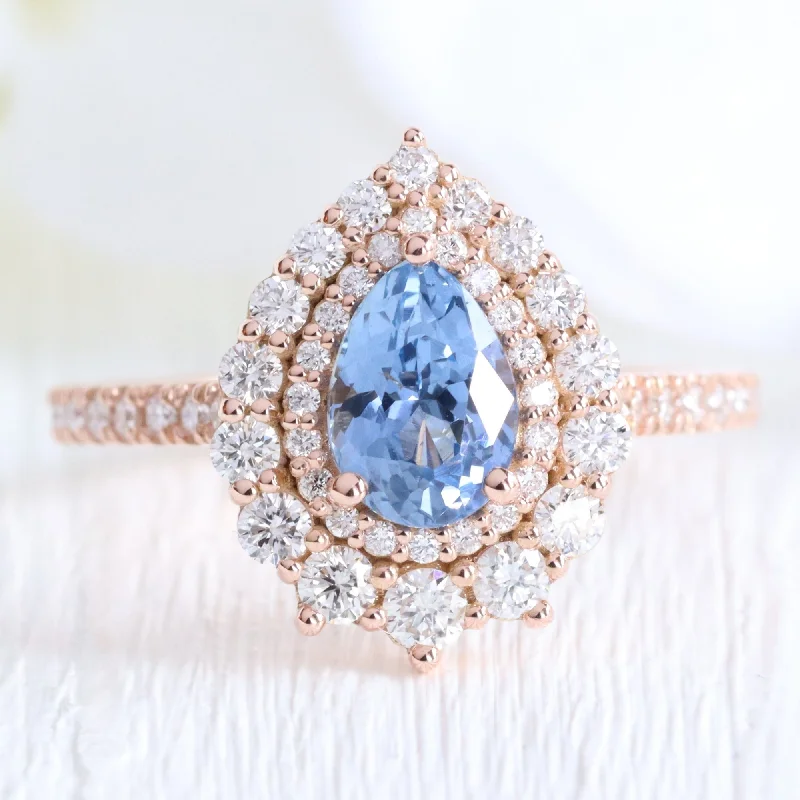 1.85 Ct Pear Aqua Blue Sapphire Ring in 14k Rose Gold Double Halo Diamond, Size 6.5