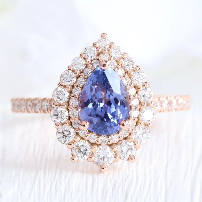 2.06 Ct Pear Cut Purple Sapphire Ring in 14k Rose Gold Double Halo Diamond, Size 6.5