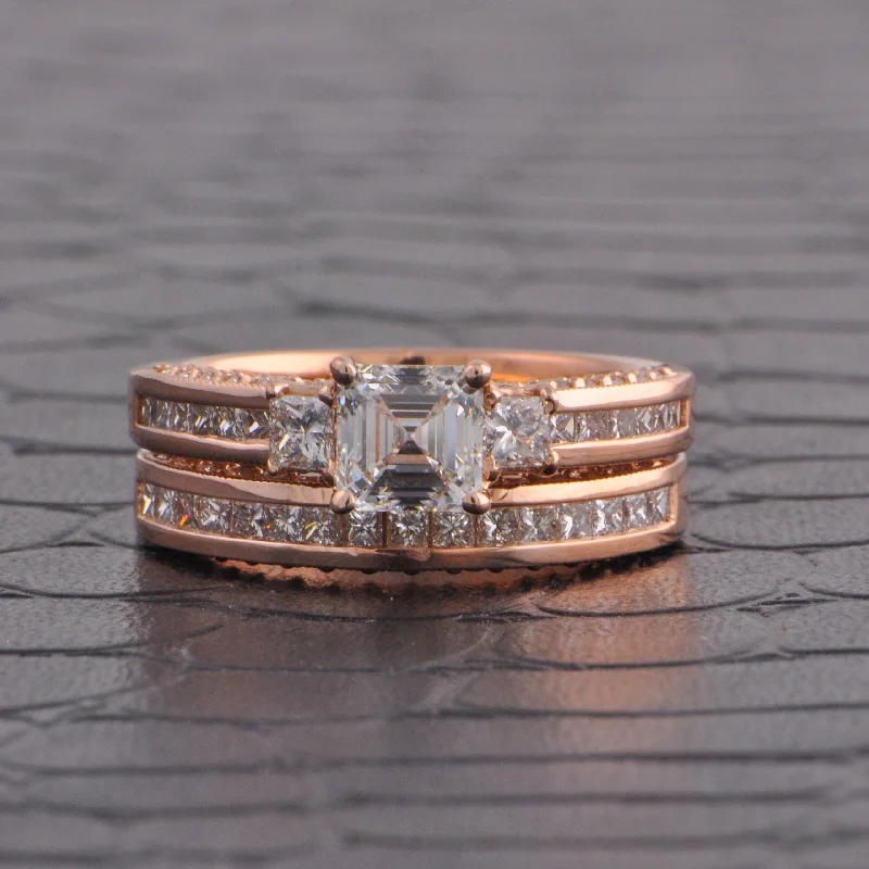 Asscher Cut Diamond Engagement Ring and Wedding Band in Rose GOld