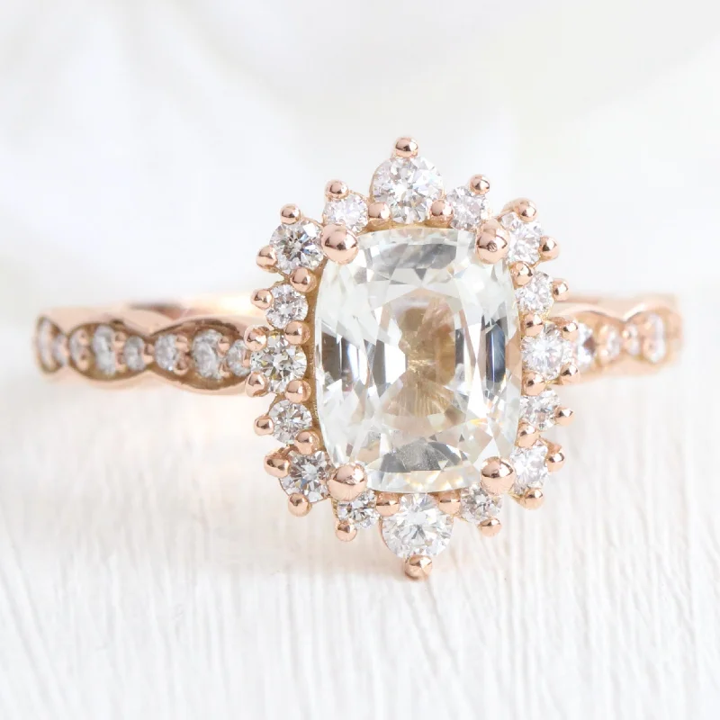 2.65 Ct Cushion White Sapphire Ring in 14k Rose Gold Halo Diamond, Size 6.75