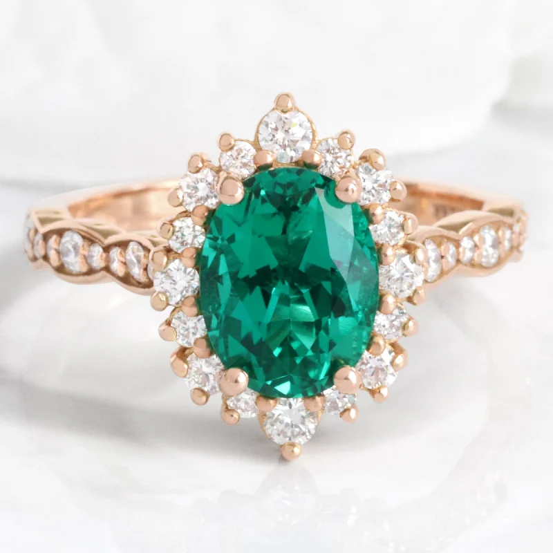 Large Oval Emerald Engagement Ring in Tiara Halo Diamond Scalloped Band