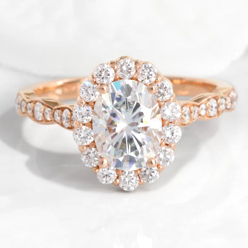 Limited Stock On Premium Jewelry At Low Prices Oval Moissanite Engagement Ring in Luna Halo Diamond Scalloped Band