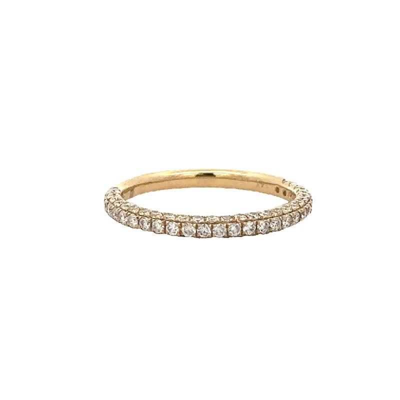 Classic And Modern Jewelry Styles On Sale Pave Set Round Brilliant Cut Diamond Band in Yellow Gold