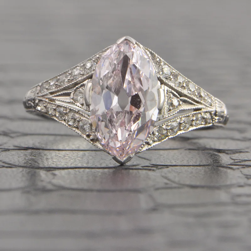 Huge Savings On Premium Jewelry Styles Rare Art Deco Light Purple-Pink Marquise Cut Diamond Ring in Platinum