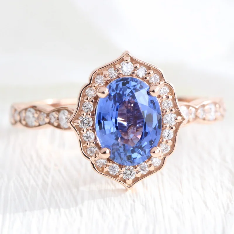 2.02 Ct Oval Ceylon Blue Sapphire Ring in 14k Rose Gold Vintage Floral Diamond, Size 6.5