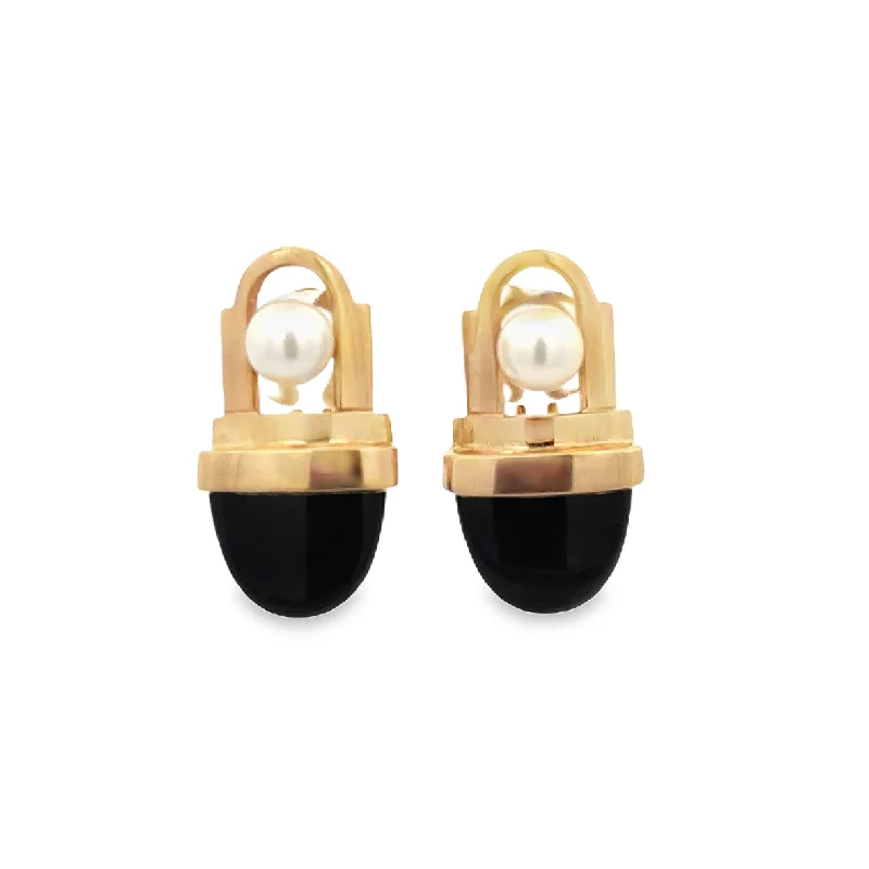 Eco-Friendly Sustainable Jewelry For Conscious Buyers Vintage Onyx and Akoya Cultured Pearl Earrings in Yellow Gold