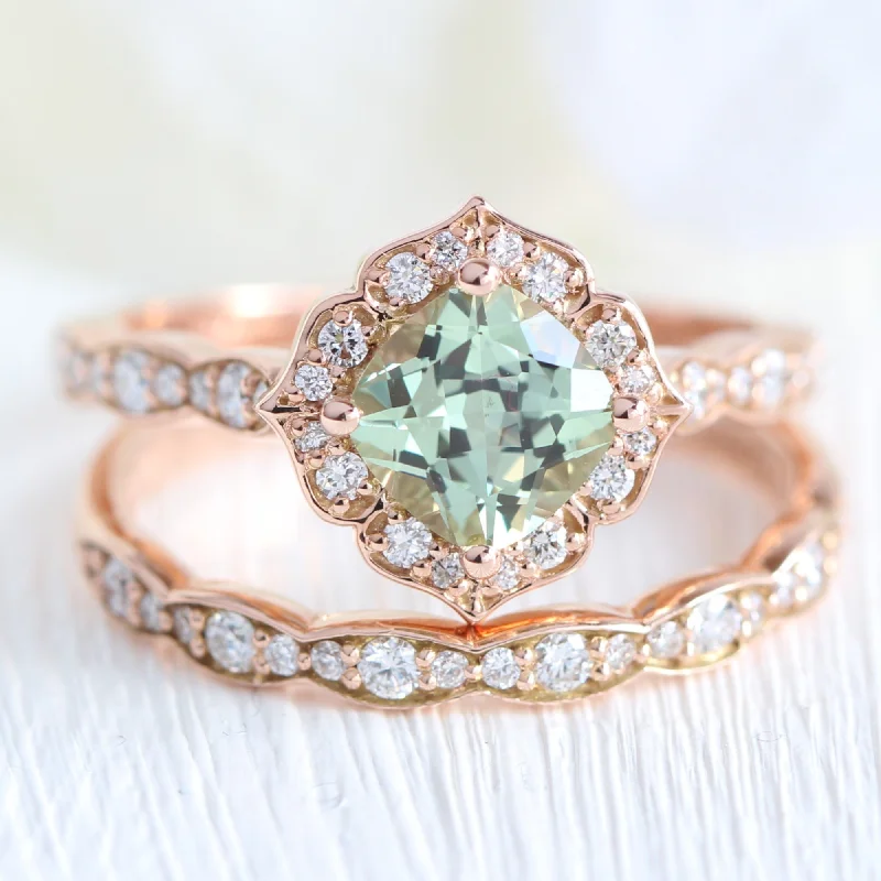 Mini Vintage Floral Bridal Ring Set w/ Sea Foam Green Sapphire and Diamond