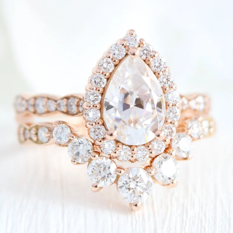 Luna Halo Pear Ring Bridal Set w/ Moissanite and Large 7 Diamond Scalloped Band