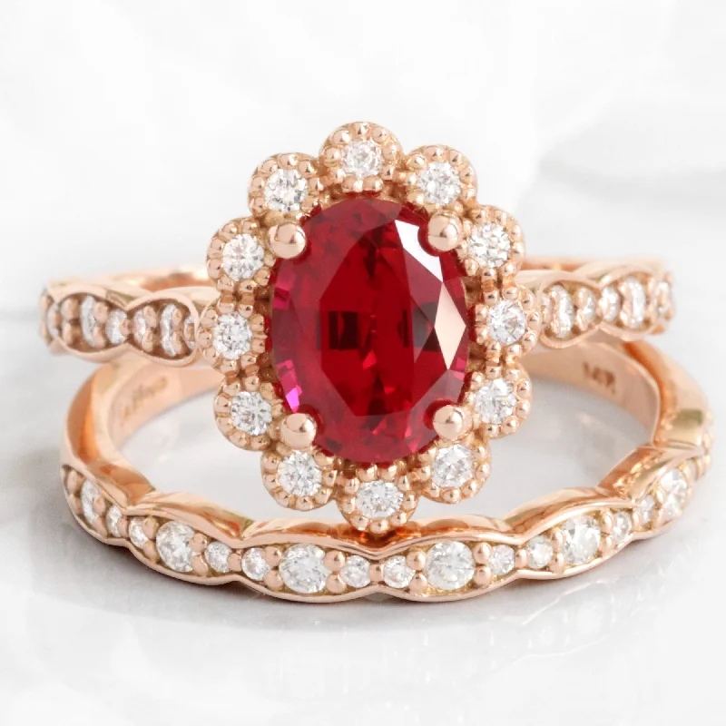 Oval Ruby Diamond Ring Bridal Set w/ Matching Wedding Band in Vintage Luna Halo