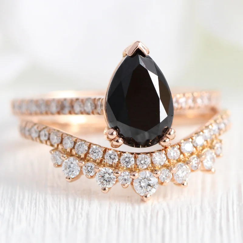 Grace Solitaire Black Diamond Ring Set w/ Pear Diamond and Crown Wedding Band