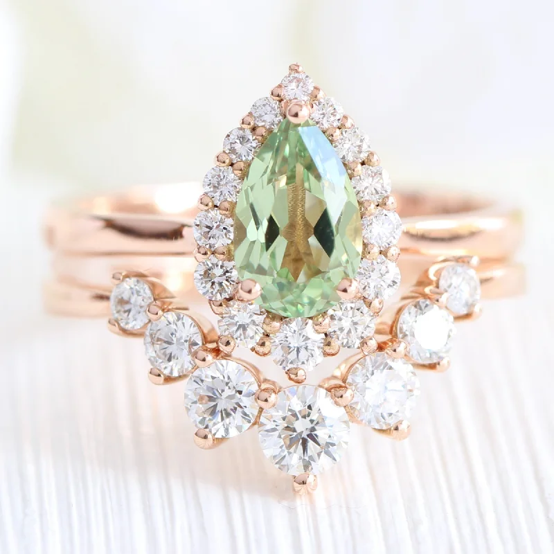 Tiara Halo Pear Ring Bridal Set w/ Green Sapphire and Large 7 Diamond U Band