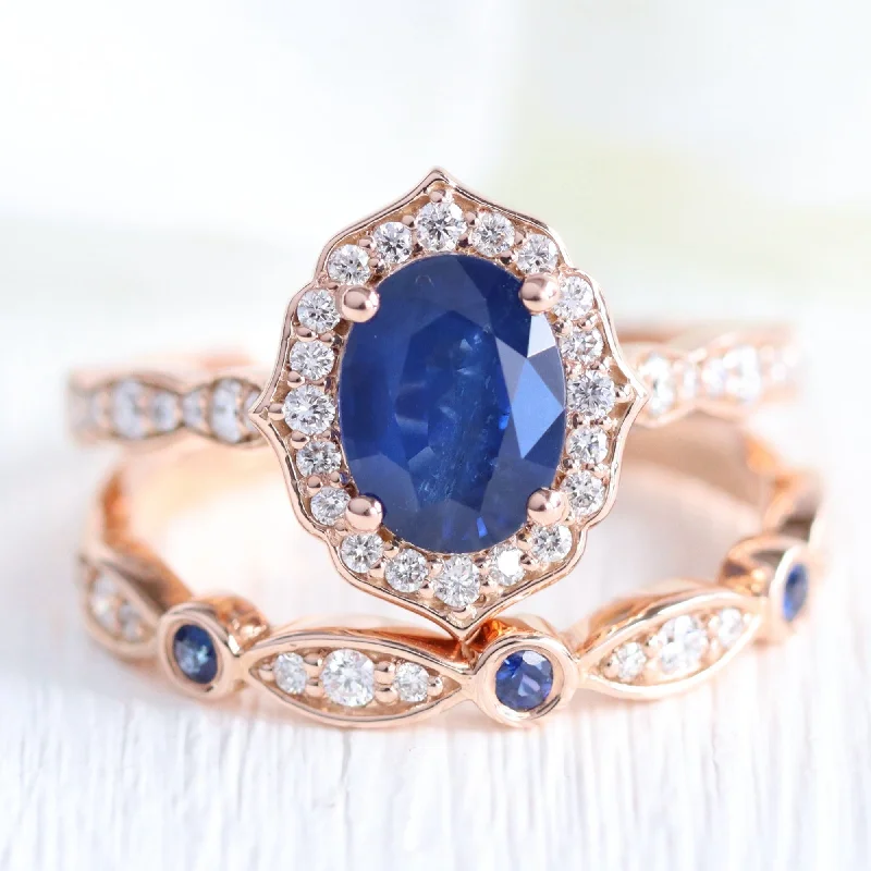 Vintage Floral Oval Ring Bridal Set w/ Natural Sapphire and Bezel Diamond Band