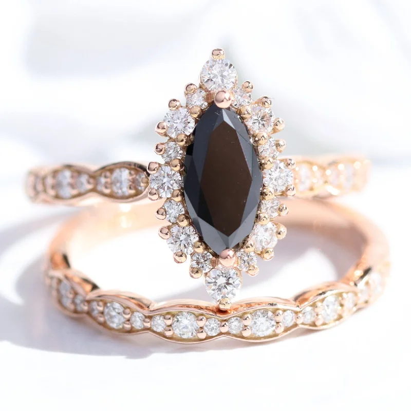 Tiara Halo Black Diamond Ring Set w/ Marquise Diamond and Matching Wedding Band