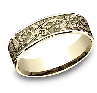 14K Yellow Gold Men's 6.5mm Script Pattern Beveled Edge Ring