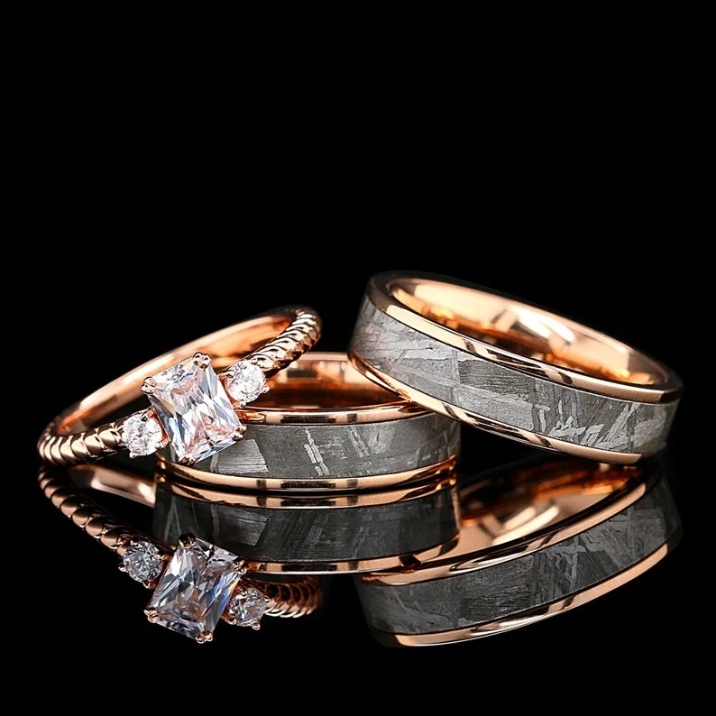 Celestial Unity - 3-Piece Gold & Meteorite Couple Ring Set – Gold over Sterling Silver Engagement Ring with Natural Meteorite Wedding Bands for Him and Her