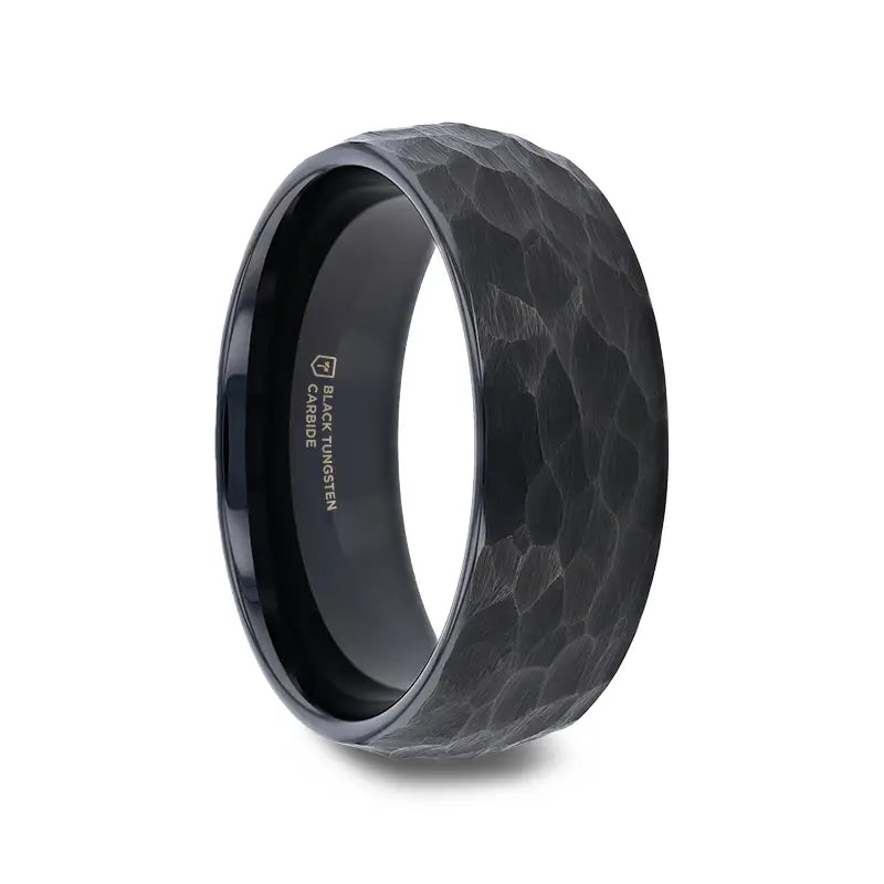 RENEGADE Domed Hammer Finish Black Tungsten Carbide Band with Brushed Finish