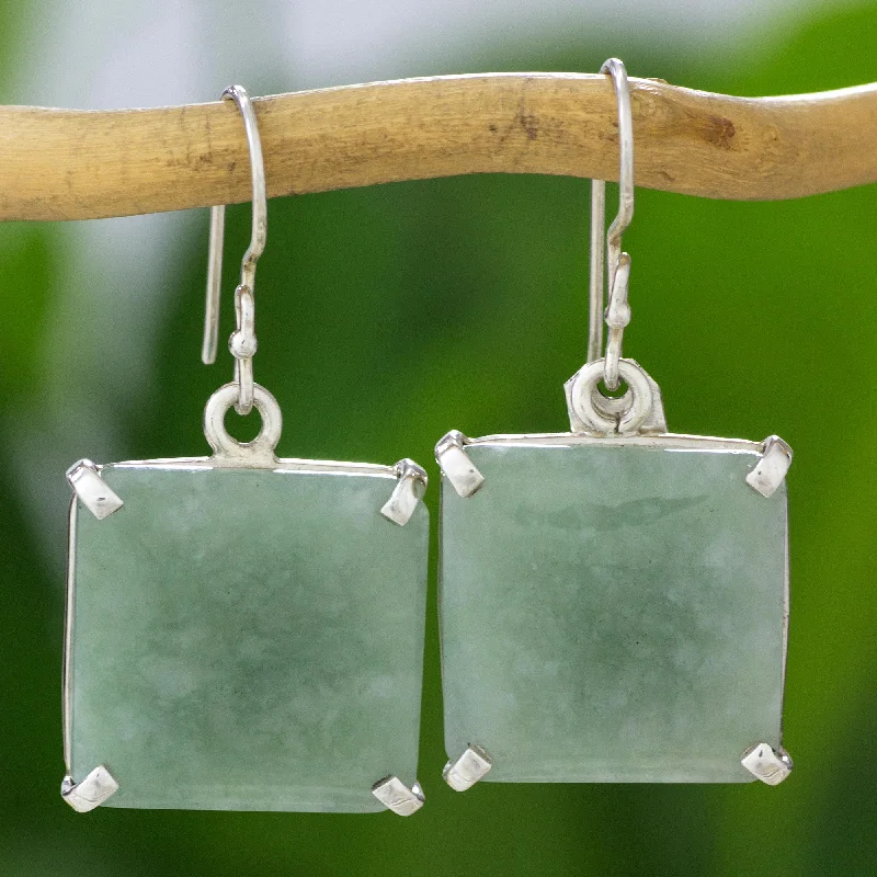 Premium Diamond Jewelry At Once-In-A-Lifetime Discounts Abstract Square Minimalist Silver and Apple Green Jade Artisan Earrings