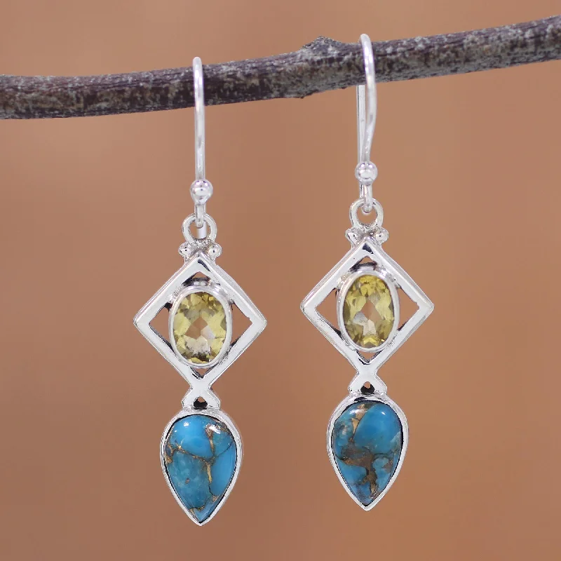 Exclusive Gemstone Jewelry At Special Prices Alluring Combination Citrine and Composite Turquoise Earrings from India