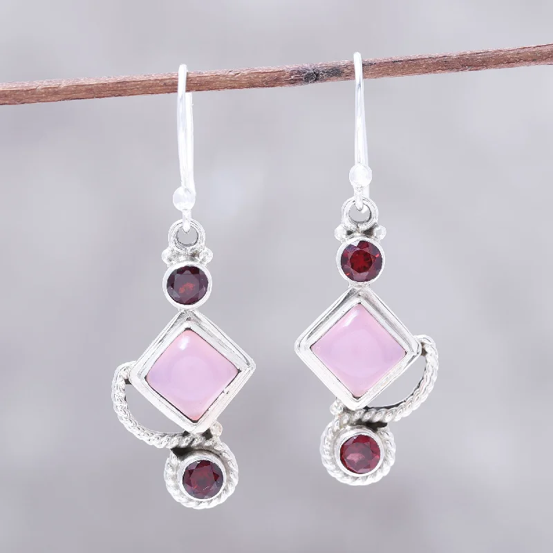 Stunning Jewelry Pieces At The Lowest Prices Ever Beauty of the Horizon Garnet and Pink Chalcedony Dangle Earrings Handmade in India