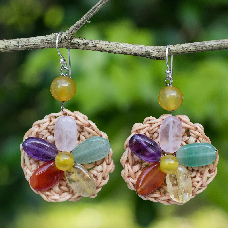 The Jewelry Sale You've Been Waiting For Is Here Blossoming Rhyme Multi Gemstone Flowers on Beige Hand Crocheted Earrings