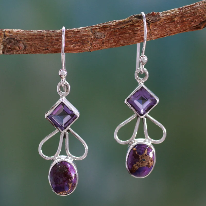 Elevate Your Outfit With Discounted Statement Jewelry Bollywood Purple Amethyst Comp Turquoise and Silver Artisan Crafted Earrings