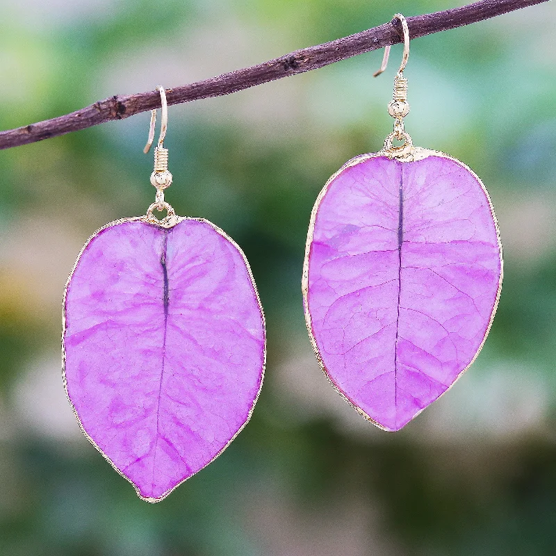 Handcrafted Beauty At Affordable Prices Bougainvillea Love in Purple Gold Accented Natural Flower Dangle Earrings in Purple