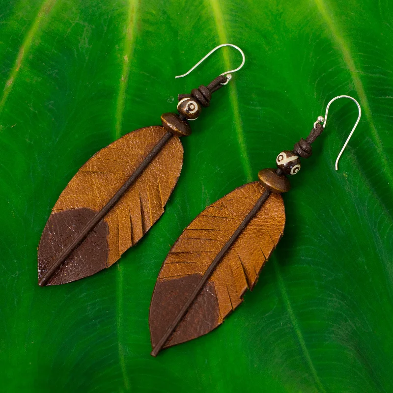 Jewelry Deals That Outshine The Rest Brown Feather Feather-Shaped Earrings Crafted from Leather, Bone and Wood