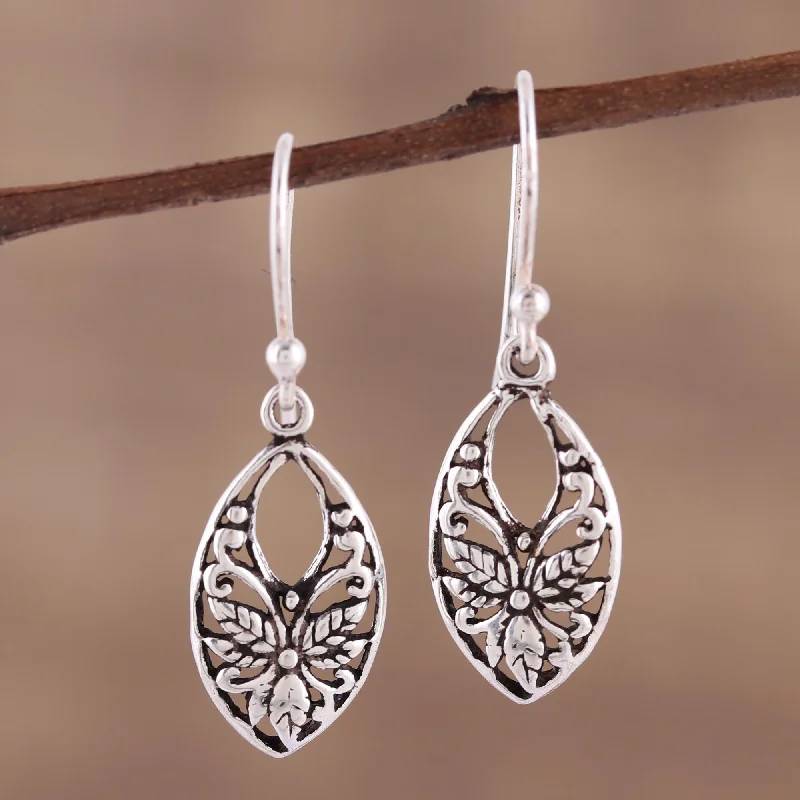 Luxury Handcrafted Jewelry For Elegant Looks Bygone Flowers Leaf and Flower Themed Sterling Silver Dangle Earrings