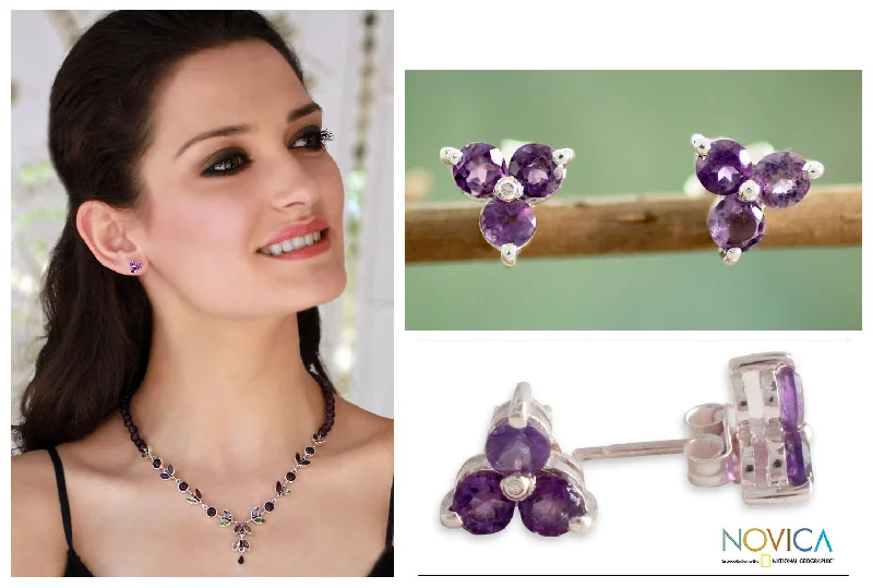 Jewelry Flash Sale – Stylish Designs At Unbeatable Rates Charming Trio Silver and Amethyst Button Earrings