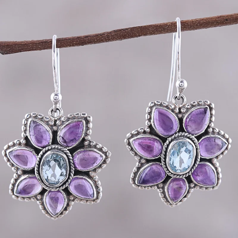 Holiday Jewelry Sale – Perfect Gifts At The Best Prices Chrysanthemum Blossoms Blue Topaz and Amethyst Dangle Earrings from India