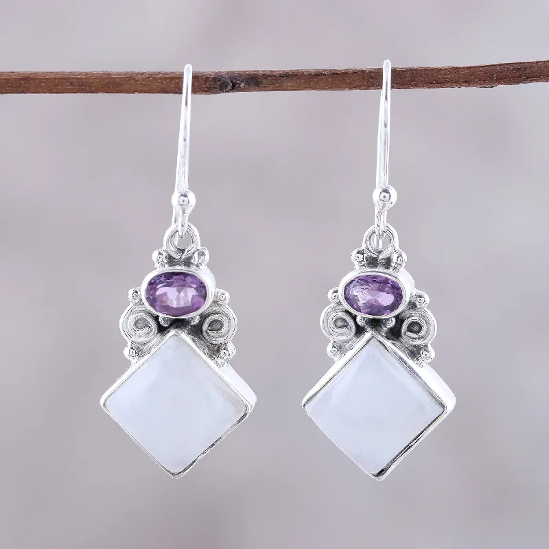 Exclusive Gemstone Jewelry Markdowns – Shop Now Cloud Fragments Sterling Silver Rainbow Moonstone Amethyst Dangle Earrings