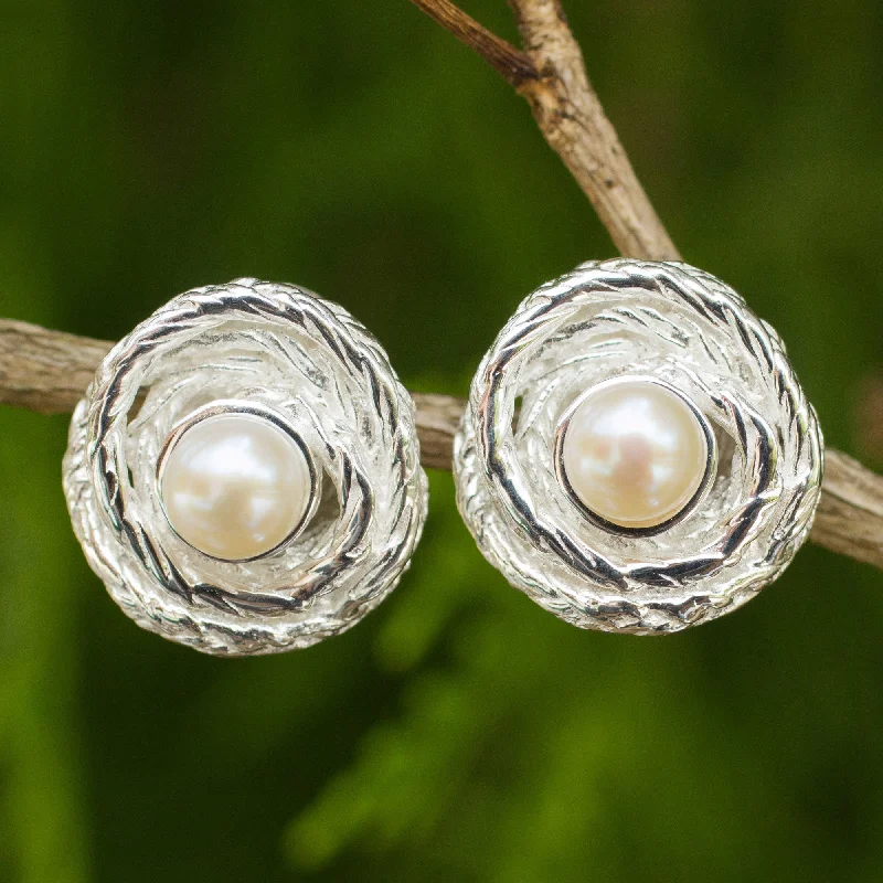 Customized Silver Jewelry For Unique Style Coils Artisan Crafted Cultured Pearl Thai Silver Button Earrings