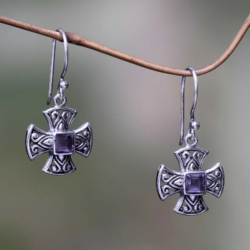 Don't Miss These Dazzling Jewelry Discounts Cross Pattee Balinese Handcrafted Silver and Amethyst Cross Earrings