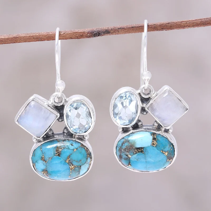 High-End Jewelry, Now More Affordable Than Ever Crystalline Waters Blue Topaz and Rainbow Moonstone Dangle Earrings from India