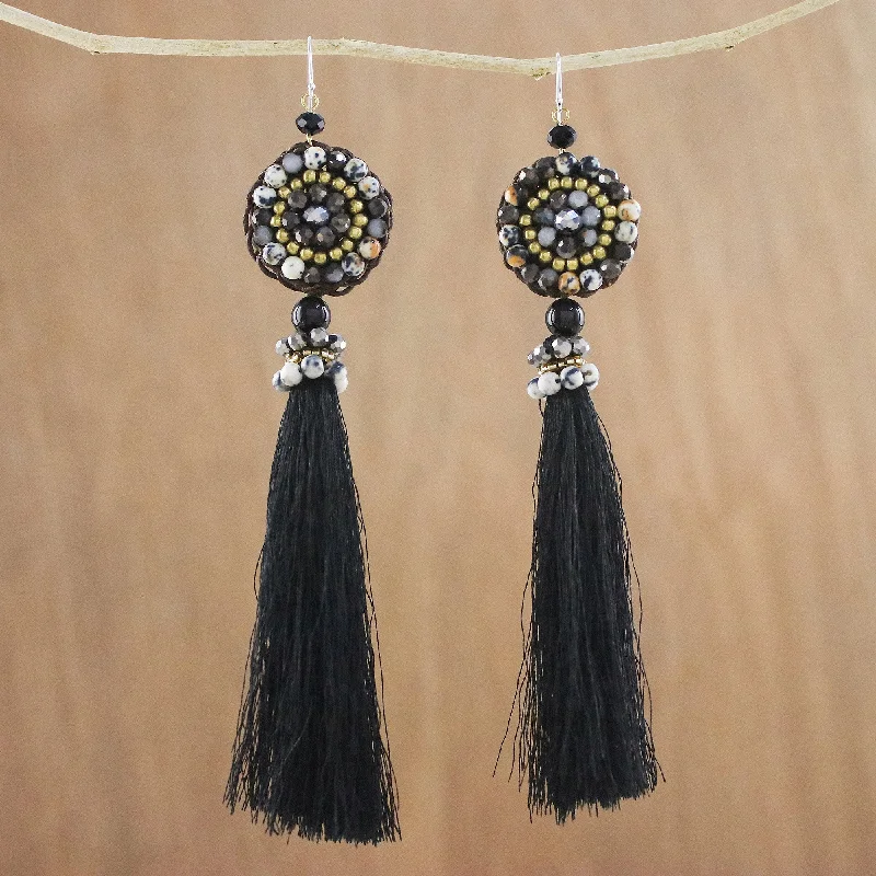 Grab Your Favorite Jewelry At The Lowest Prices Dance With Me in Black Long Tassel Black Calcite and Glass Bead Dangle Earrings