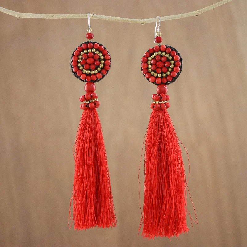 Make Every Moment Shine – Jewelry Discounts Available Dance With Me in Red Long Tassel Red Calcite and Glass Bead Dangle Earrings