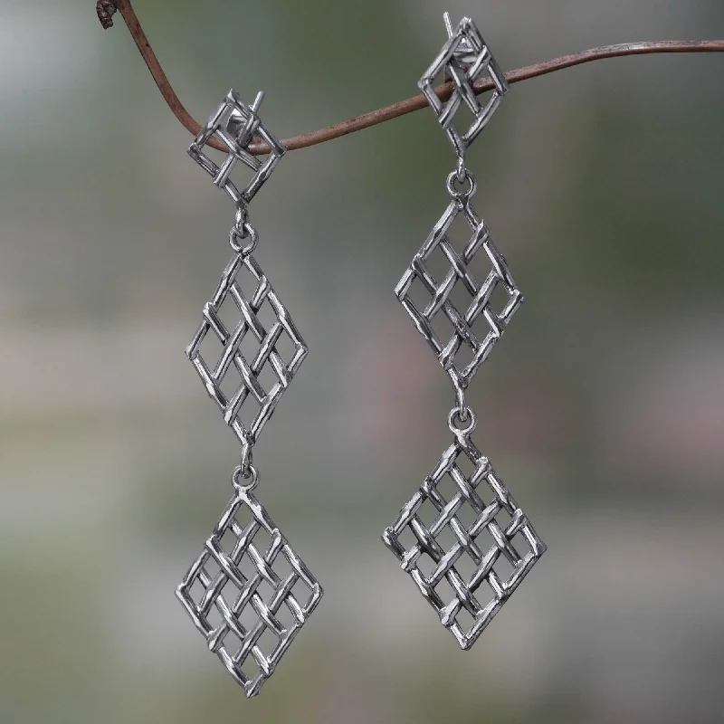 Breathtaking Jewelry, Breathtaking Prices Diamond Weave Handwoven Silver Strand Dangle Earrings