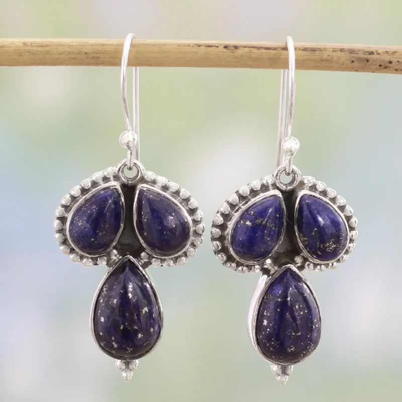 Affordable Glamour – Premium Jewelry For Less Droplet Trios Lapis Lazuli and Sterling Silver Dangle Earrings from India