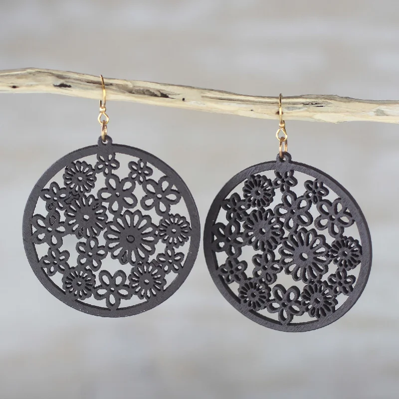 The Perfect Jewelry Piece At The Perfect Price Ebony Bouquet Handcrafted Ebony Wood Floral Motif Circle Dangle Earrings