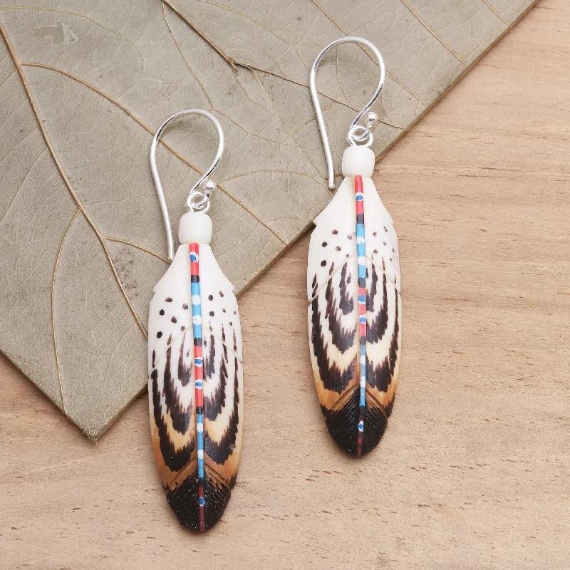 Luxury Jewelry At Unbeatable Discounts Falcon Feather Handcrafted Carved Bone Falcon Feather Theme Earrings