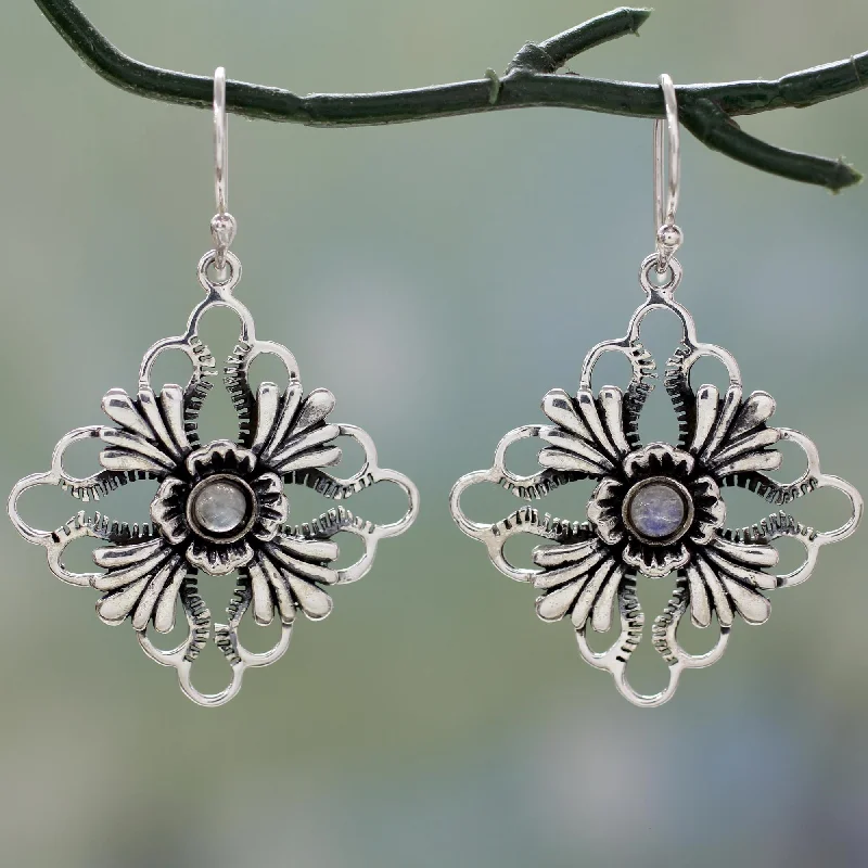 Upgrade Your Jewelry Collection For Less Fan Flowers Floral Silver Earrings with Rainbow Moonstone Gems