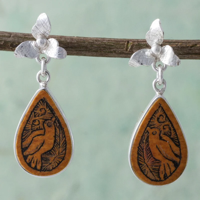 Dazzle In Elegance With Our Biggest Jewelry Sale Floral Birds Bird Themed Mate Gourd 925 Silver Dangle Earrings from Peru