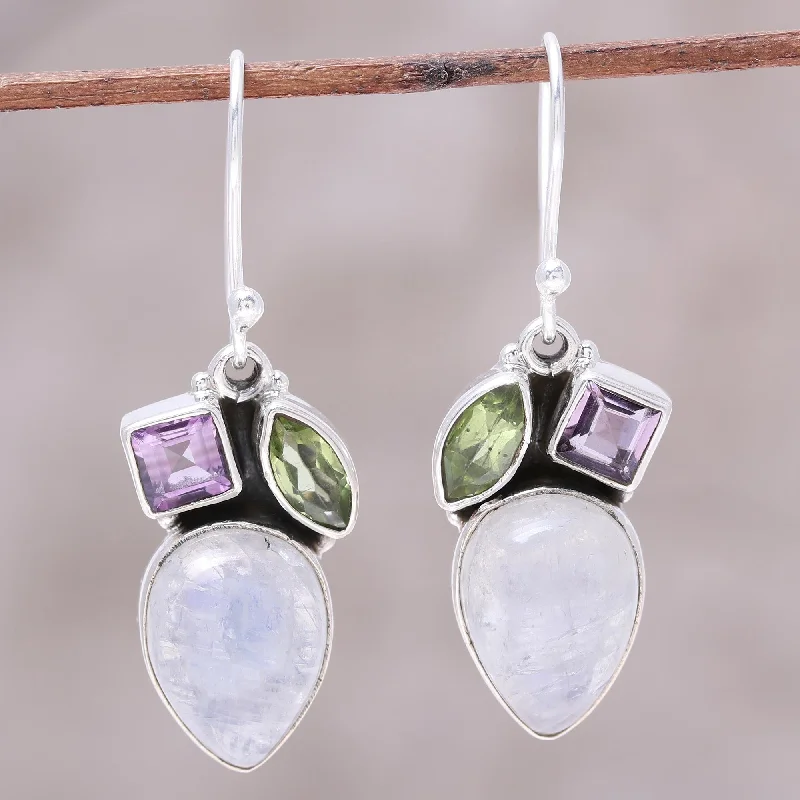 Breathtaking Jewelry At Limited-Time Savings Glistening Dazzle Teardrop Rainbow Moonstone Peridot and Amethyst Earrings