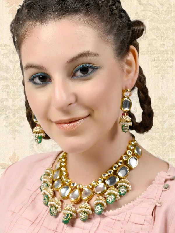 The Perfect Jewelry Piece At The Perfect Discount Odette Women Gold Tone Kundan-Pearls Green Onyx Necklace Set