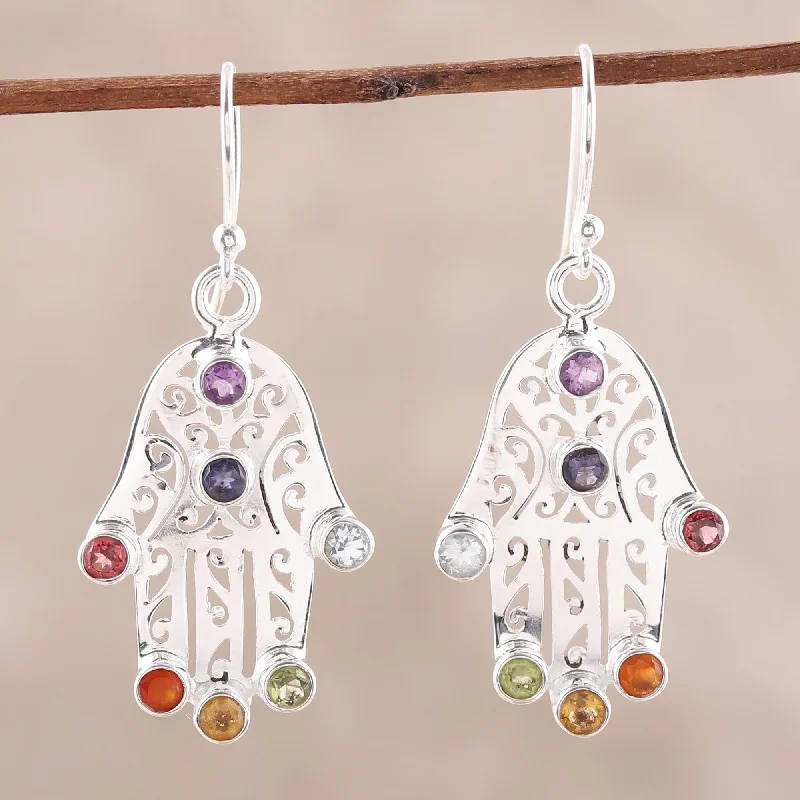 Luxury Jewelry At Unbeatable Discounts Hamsa Chakra Multi-Gemstone Hamsa Chakra Dangle Earrings from India