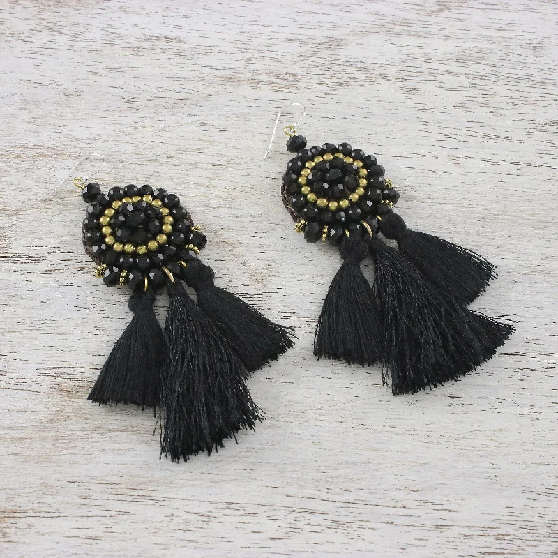 Elegant Jewelry, Exclusive Prices – Shop Now Joyful Swing in Black Onyx Black Glass and Brass Bead Tasseled Dangle Earrings