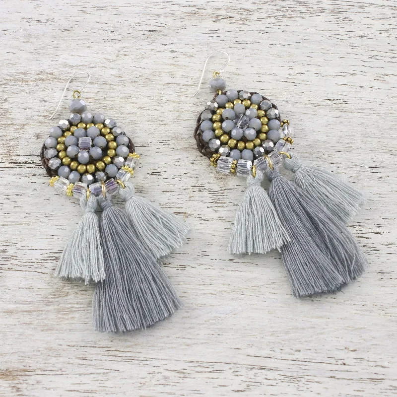 Fashion-Forward Jewelry At Incredible Prices Joyful Swing in Grey Grey Glass and Brass Bead Dangle Earrings with Grey Tassels