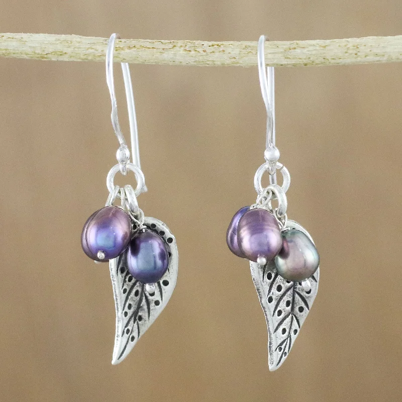 Exclusive Online Discounts On Stylish Jewelry Lively Leaves in Grey Grey Cultured Pearl and Silver Leaf Earrings from Thailand