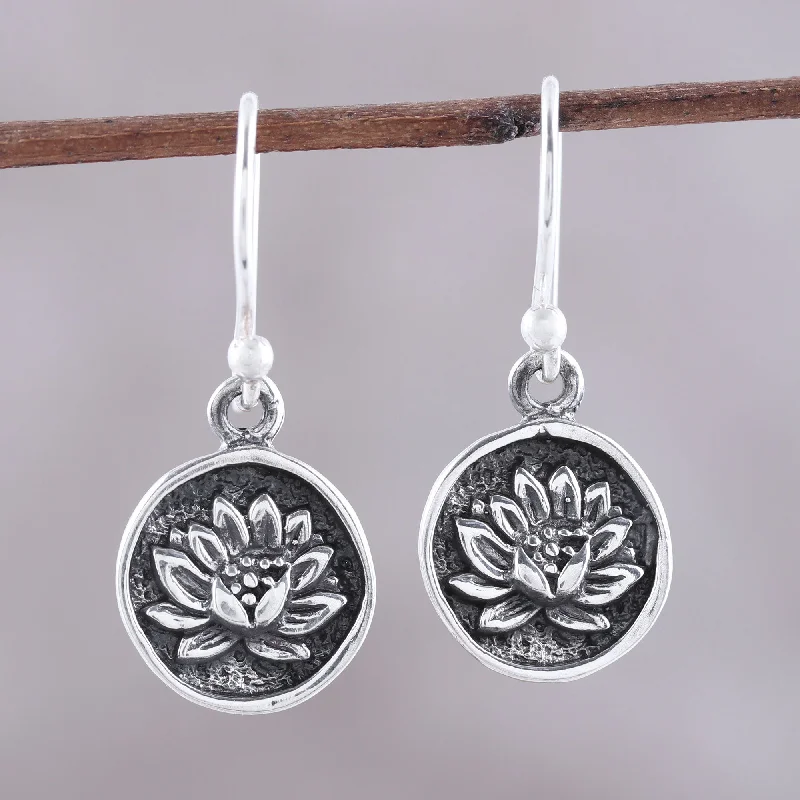 Personalized Jewelry At Special Discount Rates Lotus Bliss Lotus Motif Sterling Silver Dangle Earrings from India